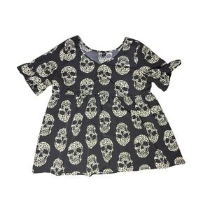 Emery Rose Skull Leopard Print Babydoll‎ Top Ruffle Sleeve Plus Size XXL